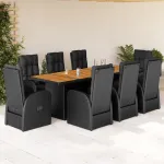 Set mobilier de grădină cu perne, 9 piese, negru, poliratan GartenMobel Dekor