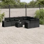 Set canapele de grădină cu perne, 10 piese, negru, poliratan GartenMobel Dekor