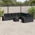 Set canapele de grădină cu perne, 11 piese, negru, poliratan GartenMobel Dekor