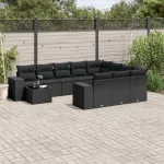 Set canapele de grădină cu perne, 11 piese, negru, poliratan GartenMobel Dekor