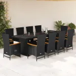 Set mobilier de exterior cu perne, 11 piese, negru, poliratan GartenMobel Dekor