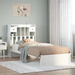 Pat cu bibliotecă fără saltea, alb, 75x190 cm, lemn masiv pin GartenMobel Dekor