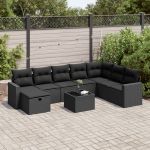 Set mobilier de grădină cu perne, 9 piese, negru, poliratan GartenMobel Dekor