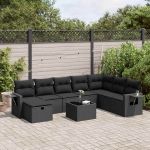 Set mobilier de grădină cu perne, 9 piese, negru, poliratan GartenMobel Dekor