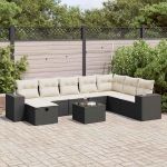 Set mobilier de grădină cu perne, 9 piese, negru, poliratan GartenMobel Dekor