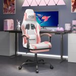 Scaun de gaming pivotant cu suport picioare, alb&roz, piele eco GartenMobel Dekor