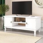 Comoda tv 120x40x50 cm, rafturi, 2 dulapuri depozitare, picioare lemn pin, mdf, alb MultiMark GlobalProd