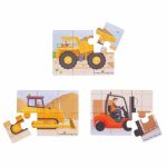 Set 3 puzzle din lemn - Vehicule pentru constructii PlayLearn Toys