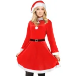 Costum de Craciunita tip Rochita cu Caciula si Curea, Material Moale tip Velur Catifea