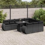Set canapele de grădină cu perne, 11 piese, negru, poliratan GartenMobel Dekor