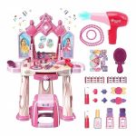 Masuta de machiaj pentru fetite, scaunel si oglinda, diverse accesorii, lumini, muzica, autocolante cu printese, sertar, roz MultiMark GlobalProd