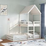 Pat supraetajat cu acoperiș, alb, 90x200 cm, lemn masiv de pin GartenMobel Dekor