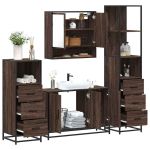 Set de mobilier de baie din 4 piese din lemn de stejar maro GartenMobel Dekor
