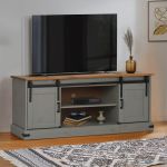 Dulap TV HALDEN 2 usi glisante gri 150x40x60 cm lemn masiv GartenMobel Dekor