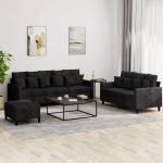 Set de canapele cu perne, 3 piese, negru, catifea GartenMobel Dekor