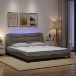 Cadru de pat cu lumini LED, gri taupe, 180x200 cm, textil GartenMobel Dekor