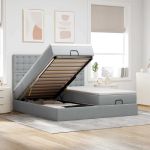 Cadru de pat otoman cu saltele țesătură gri deschis 200x200cm GartenMobel Dekor