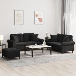 Set de canapele cu perne, 3 piese, negru, catifea GartenMobel Dekor