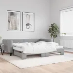 Pat de zi cu extensie și saltele, gri deschis 100x200 cm textil GartenMobel Dekor