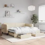 Pat de zi cu extensie și sertare, crem, 90x200 cm, textil GartenMobel Dekor
