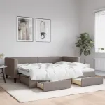 Pat de zi cu extensie și sertare, gri taupe, 90x200 cm, textil GartenMobel Dekor
