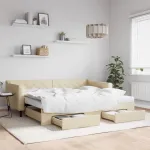 Pat de zi cu extensie și sertare, crem, 90x200 cm, textil GartenMobel Dekor