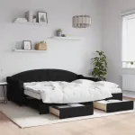 Pat de zi cu extensie și sertare, negru, 90x190cm, textil GartenMobel Dekor