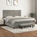 Pat box spring cu saltea, gri deschis, 160x200 cm, catifea GartenMobel Dekor