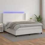 Pat cu arcuri, saltea și LED, alb, 160x200 cm, piele ecologică GartenMobel Dekor