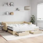 Pat de zi cu extensie și sertare, crem, 100x200 cm, textil GartenMobel Dekor