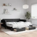 Pat de zi cu extensie și sertare, negru, 90x200 cm, textil GartenMobel Dekor