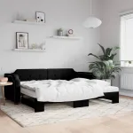 Pat de zi cu extensie și saltele, negru, 90x190 cm, textil GartenMobel Dekor