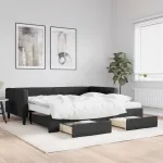 Pat de zi cu extensie și sertare, negru, 100x200 cm, textil GartenMobel Dekor