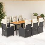 Set mobilier de grădină cu perne, 9 piese, negru, poliratan GartenMobel Dekor