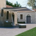 Copertină retractabilă manual LED, albastru și alb, 450x300 cm GartenMobel Dekor