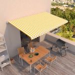 Copertină retractabilă manual, galben și alb, 500x300 cm GartenMobel Dekor