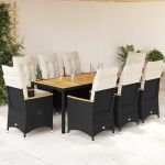 Set mobilier de grădină cu perne, 9 piese, negru, poliratan GartenMobel Dekor