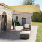 Copertină autonomă retractabilă manual, galben/alb, 450x350 cm GartenMobel Dekor