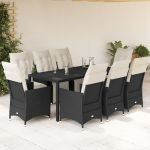Set mobilier de grădină cu perne, 9 piese, negru, poliratan GartenMobel Dekor