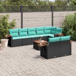 Set mobilier de grădină cu perne, 9 piese, negru, poliratan GartenMobel Dekor