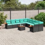 Set canapele de grădină cu perne, 11 piese, negru, poliratan GartenMobel Dekor
