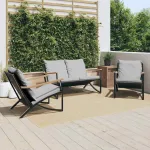 Set mobilier de balcon, 3 piese, cu perne, negru, oțel GartenMobel Dekor