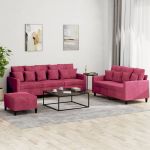 Set canapea cu perne, 3 piese, roșu vin, catifea GartenMobel Dekor