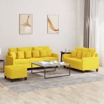 Set de canapele cu perne, 3 piese, galben deschis, textil GartenMobel Dekor