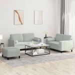 Set de canapele, 3 piese, cu perne, gri deschis, catifea GartenMobel Dekor