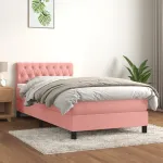 Pat box spring cu saltea, roz, 100x200 cm, catifea GartenMobel Dekor