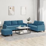 Set de canapele cu perne, 3 piese, albastru, catifea GartenMobel Dekor