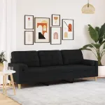 Canapea cu 3 locuri cu pernuțe, negru, 210 cm, textil GartenMobel Dekor