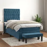 Pat box spring cu saltea, albastru închis, 100x200 cm, catifea GartenMobel Dekor