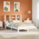 Pat cu bibliotecă fără saltea, alb, 140x200 cm, lemn masiv pin GartenMobel Dekor
